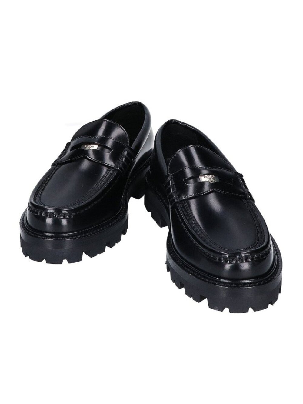 Celine Black Silver Polished Calfskin Triomphe Margaret Chunky Penny Loafer